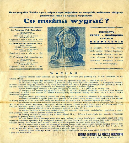 KKE 5420a.jpg - Dok. Pożyczka dolarowa/ Obligacja państwowa. Dokument wydany przez Centrala kredytowa dla pożyczek procentowych, Lwów, lata20/30-te XX wieku.